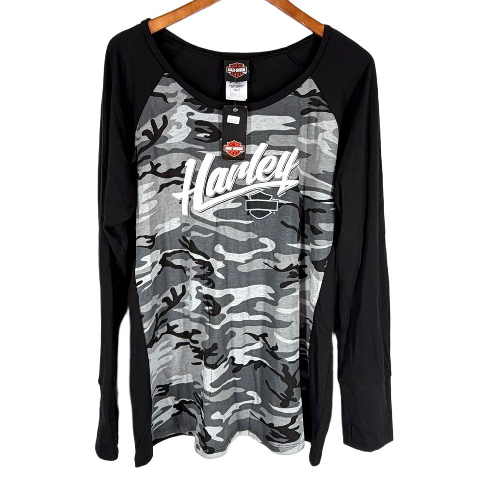 Harley Davidson Shirt 1X NEW Top Black Gray Camo Long Sleeve Big Moose H-D NWT - Picture 2 of 8
